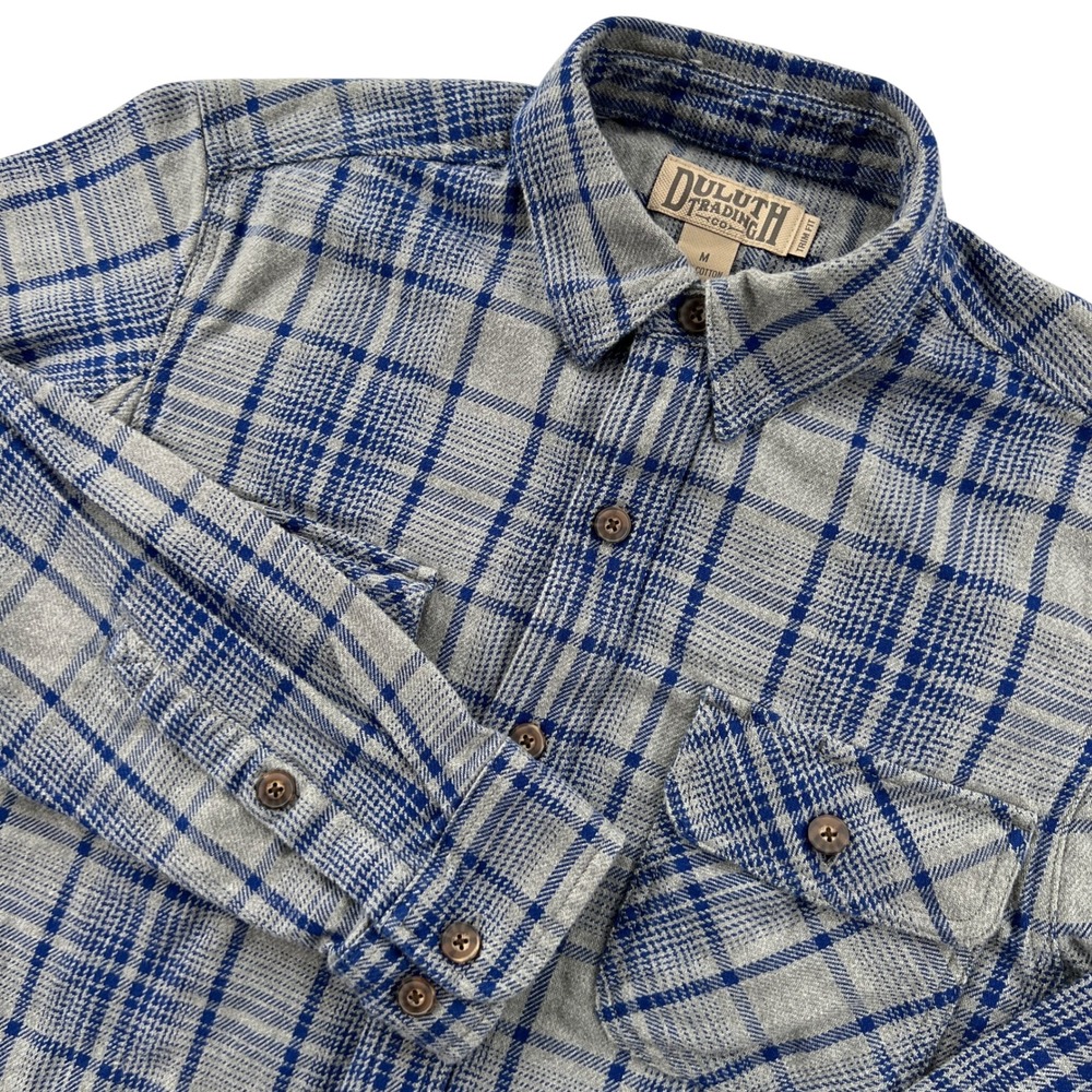 Duluth Trading Co Burlyweight Flannel Trim Fit Shirt Mens Medium Gray Blue Plaid